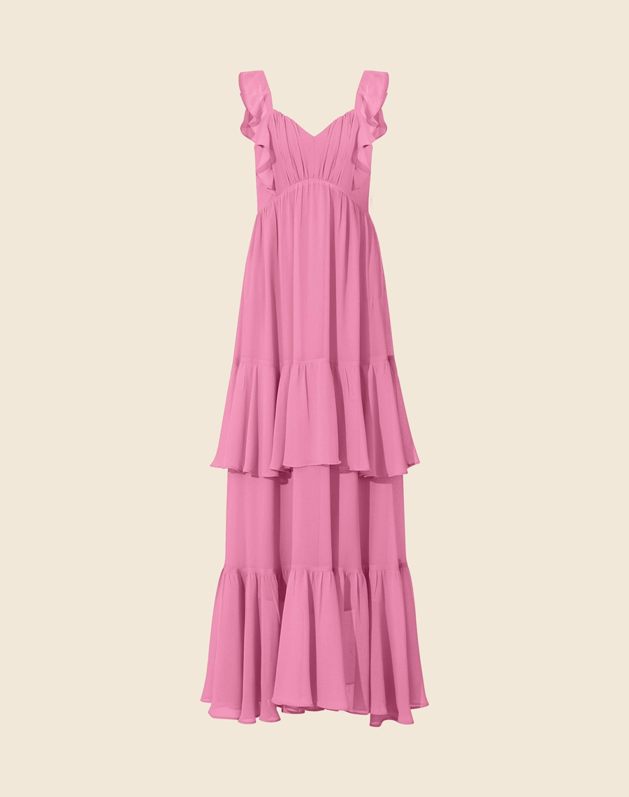 Vestido Longo Valerie confeccionado em Chiffon Yoro garantindo leveza e um caimento fluido. <br/>
Apresenta um decote em V romântico e delicados babados nas alças e ao longo da saia, proporcionando movimento e charme à peça. <br/>
Ideal para ocasiões especiais, este vestido é perfeito para um visual deslumbrante e sofisticado. <br/>