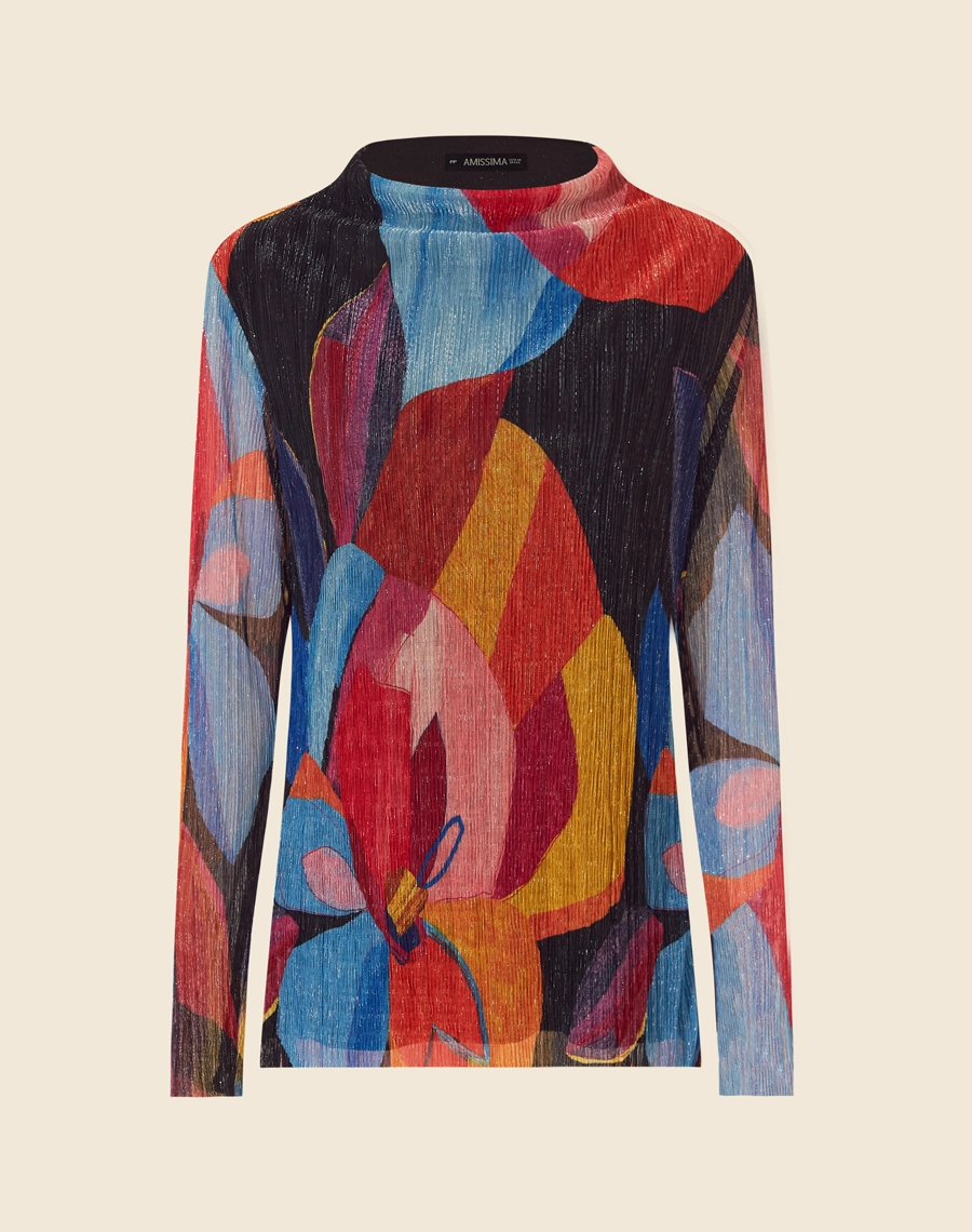 Blusa Nashira é a fusão perfeita entre arte e moda. Confeccionada em tecido plissado estampado, traz um mix vibrante de cores e formas abstratas, garantindo um visual moderno e sofisticado.