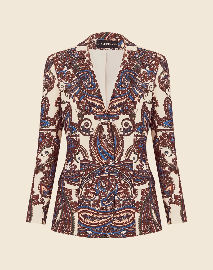 O Blazer Raphaela é confeccionado em crepe magic, um tecido de toque suave e levemente texturizado. A estampa paisley exclusiva Amissima torna esse blazer único e  cheio de personalidade, perfeita para diversas ocasiões.