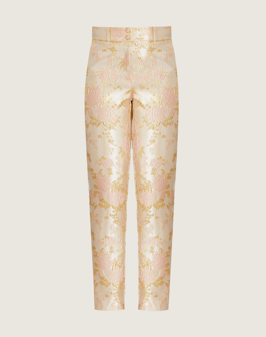 A Calça Elisabete é confeccionada em jacquard, um tecido texturizado com caimento estruturado. erfeita para transitar entre diferentes ocasiões, como coquetéis diurnos, jantares especiais ou ocasiões formais.