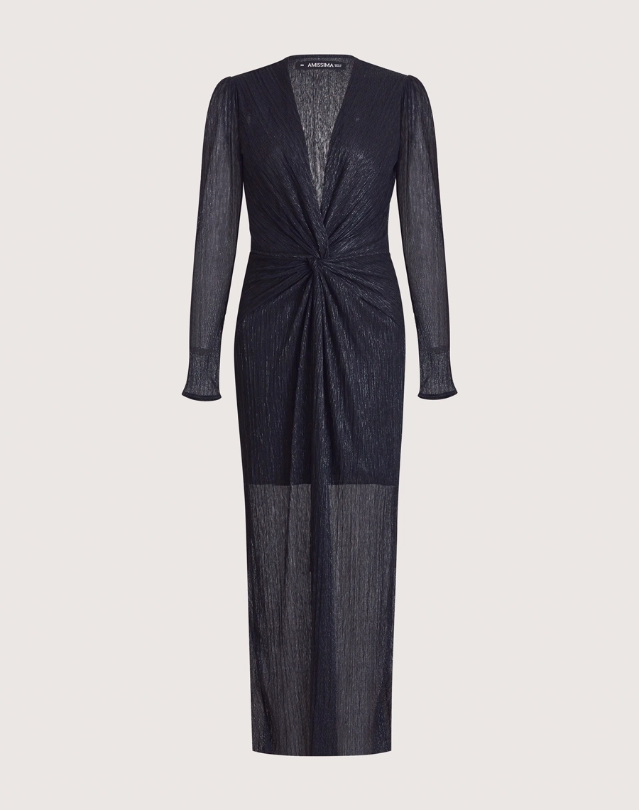Vestido Longo Erica confeccionado em malha plissada metálica, tecido leve e confortável, com caimento fluido e toque macio. Ideal para peças sofisticadas com movimento e elegância.