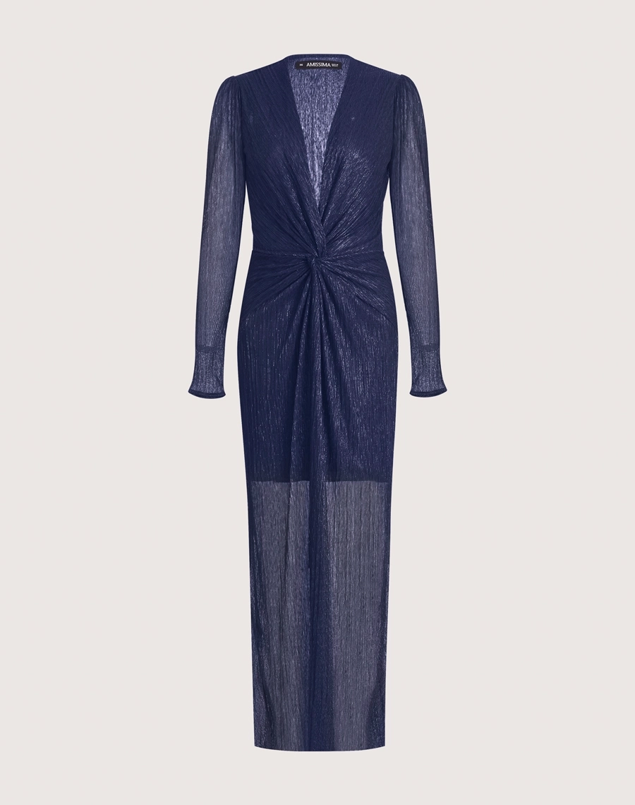Vestido Longo Erica confeccionado em malha plissada metálica, tecido leve e confortável, com caimento fluido e toque macio. Ideal para peças sofisticadas com movimento e elegância.