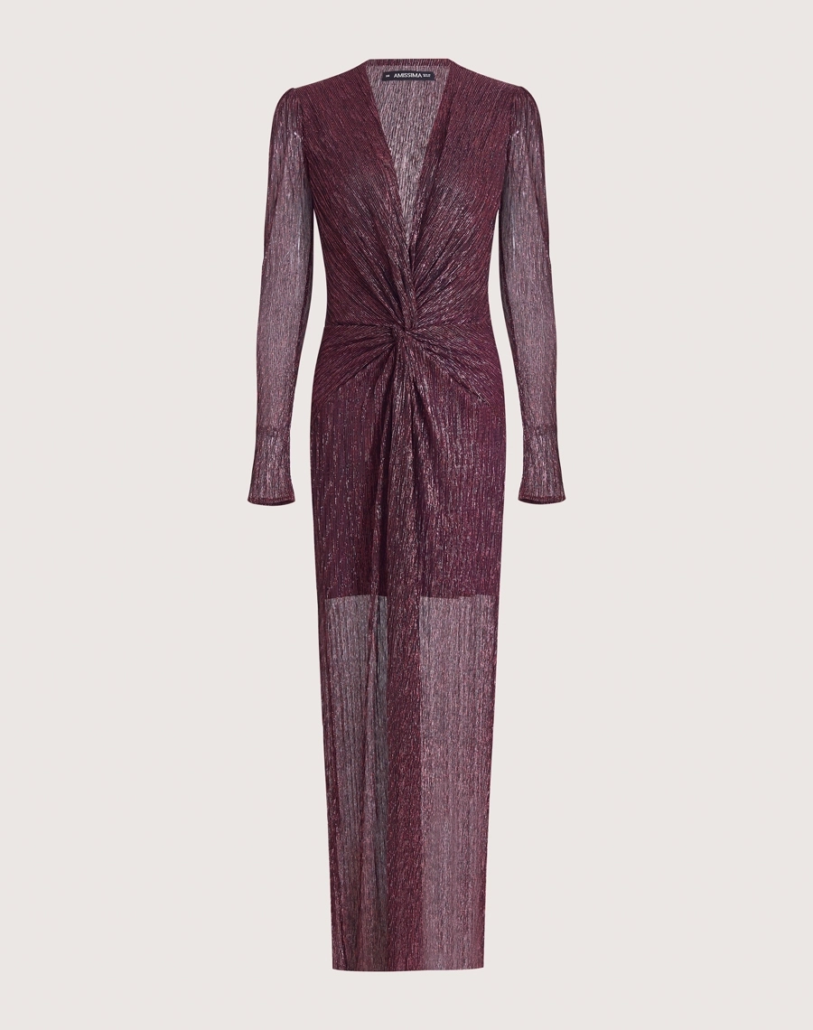 Vestido Longo Erica confeccionado em malha plissada metálica, tecido leve e confortável, com caimento fluido e toque macio. Ideal para peças sofisticadas com movimento e elegância.