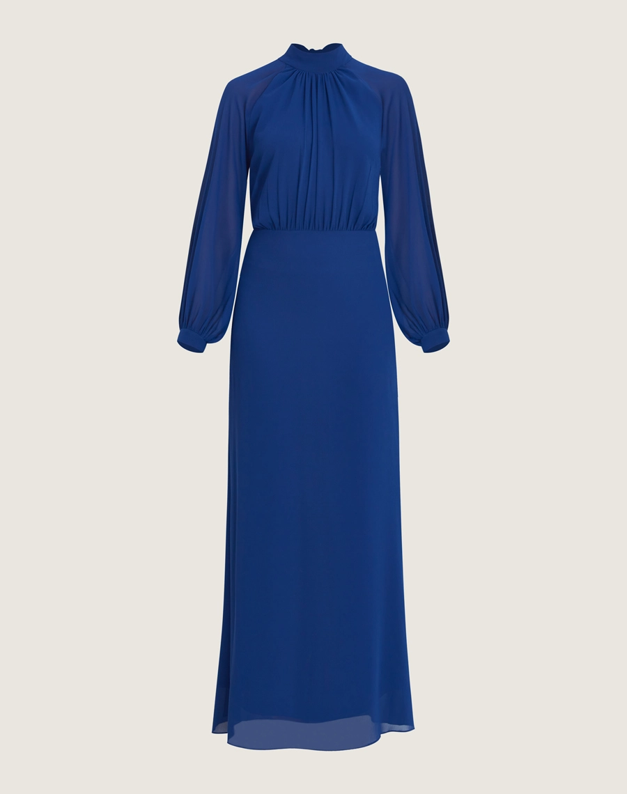 Vestido longo Ophelia confeccionado em Chiffon Youro, tecido leve com toque suave, conhecido pelo seu caimento elegante e toque sofisticado.