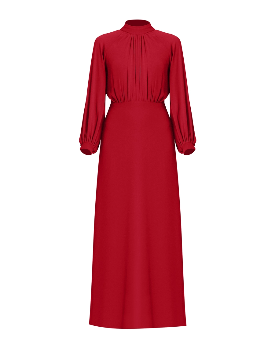 Vestido longo Ophelia confeccionado em Chiffon Youro, tecido leve com toque suave, conhecido pelo seu caimento elegante e toque sofisticado.