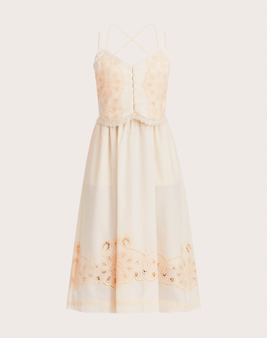 Vestido Midi Catherine confeccionado em cambraia bordada, com caimento leve e toque delicado.