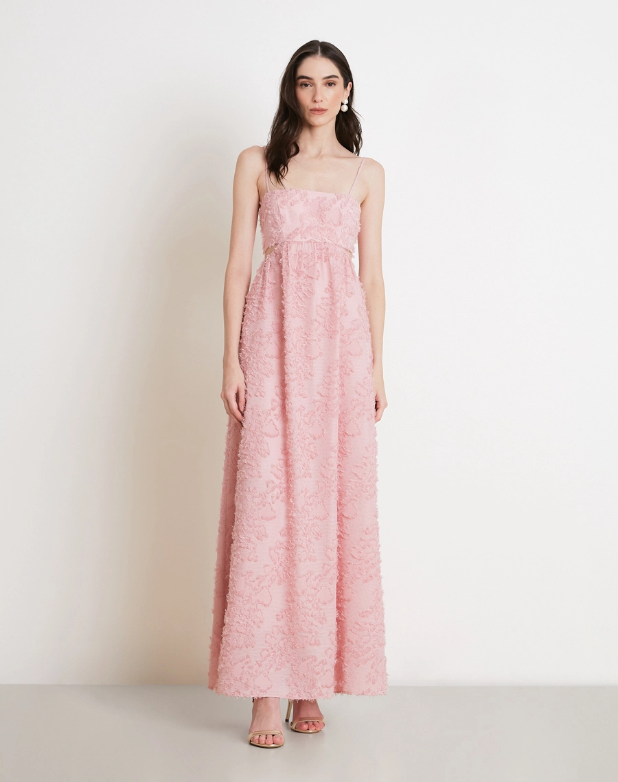 O Vestido Longo Anahi é confeccionado em Jacquard, tecido elegante e texturizado, conhecido pelo relevo suave  que adicionam volume e sofisticação.