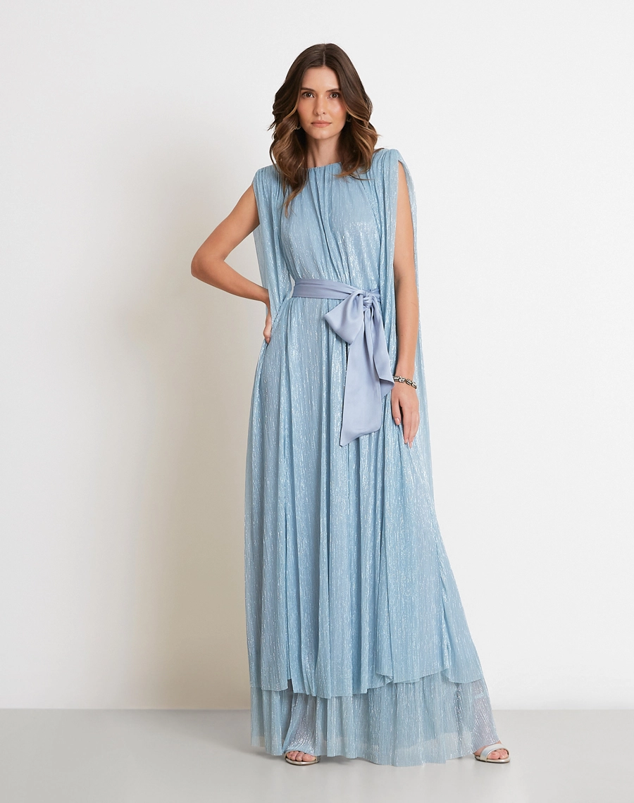 O Vestido Longo Quartzo é confeccionado em tecido plissado metalizado, de textura sofisticada e brilho delicado. <BR/>