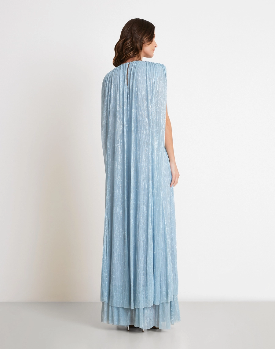 O Vestido Longo Quartzo é confeccionado em tecido plissado metalizado, de textura sofisticada e brilho delicado. <BR/>